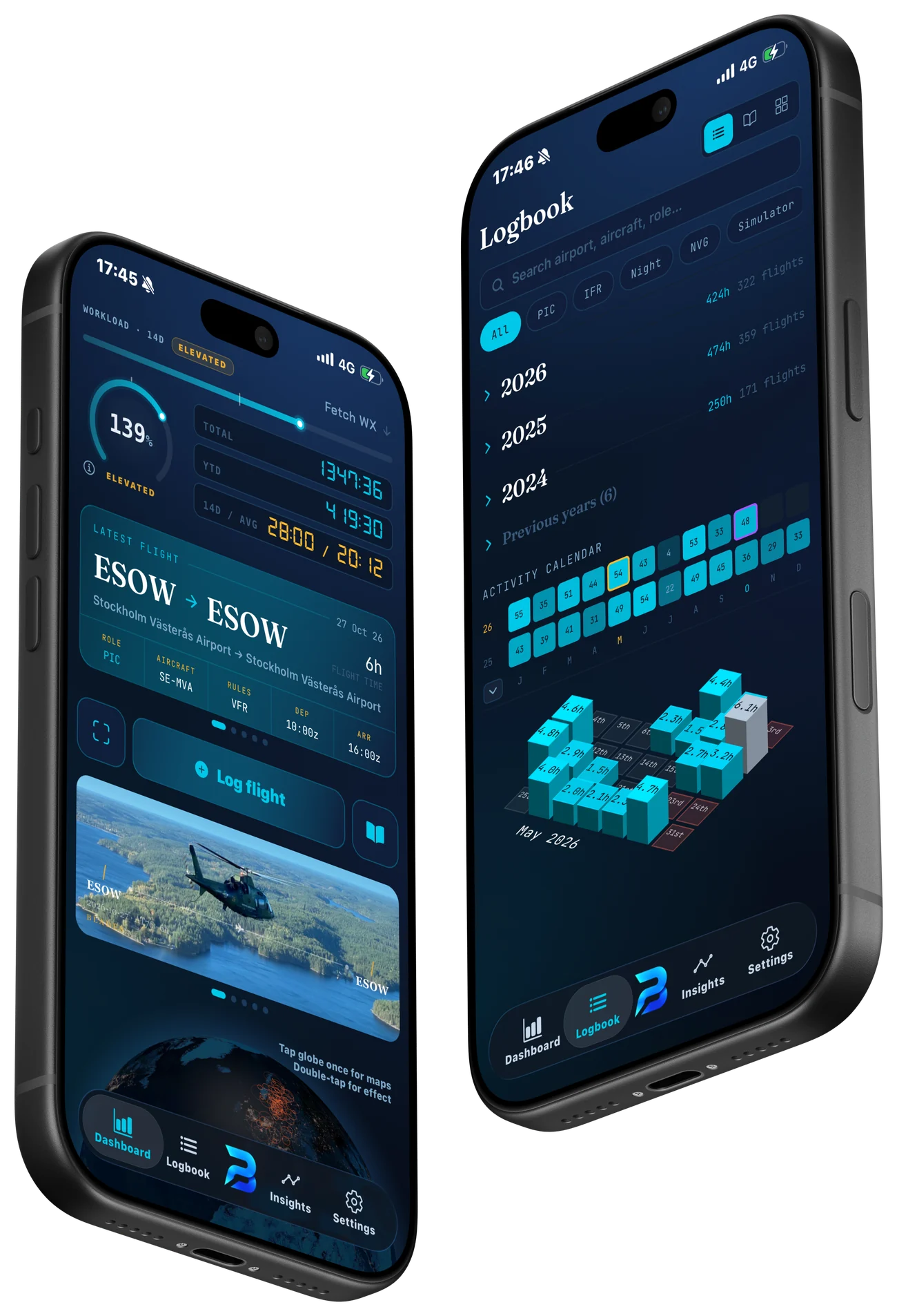 Two iPhones with BLADES: the dashboard with the latest flight, and the logbook with its activity calendar.