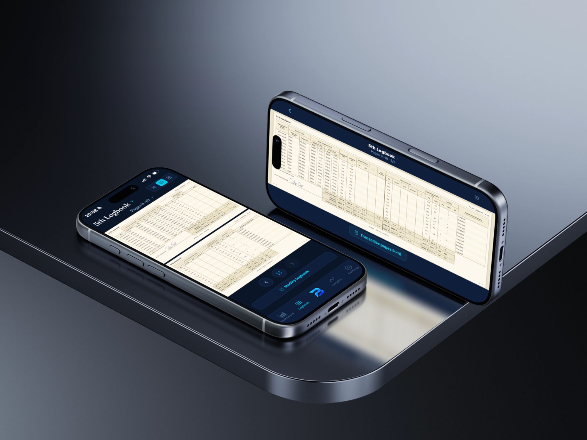 Two iPhones showing the fifth logbook, pages 9 and 10, laid out like a paper logbook.